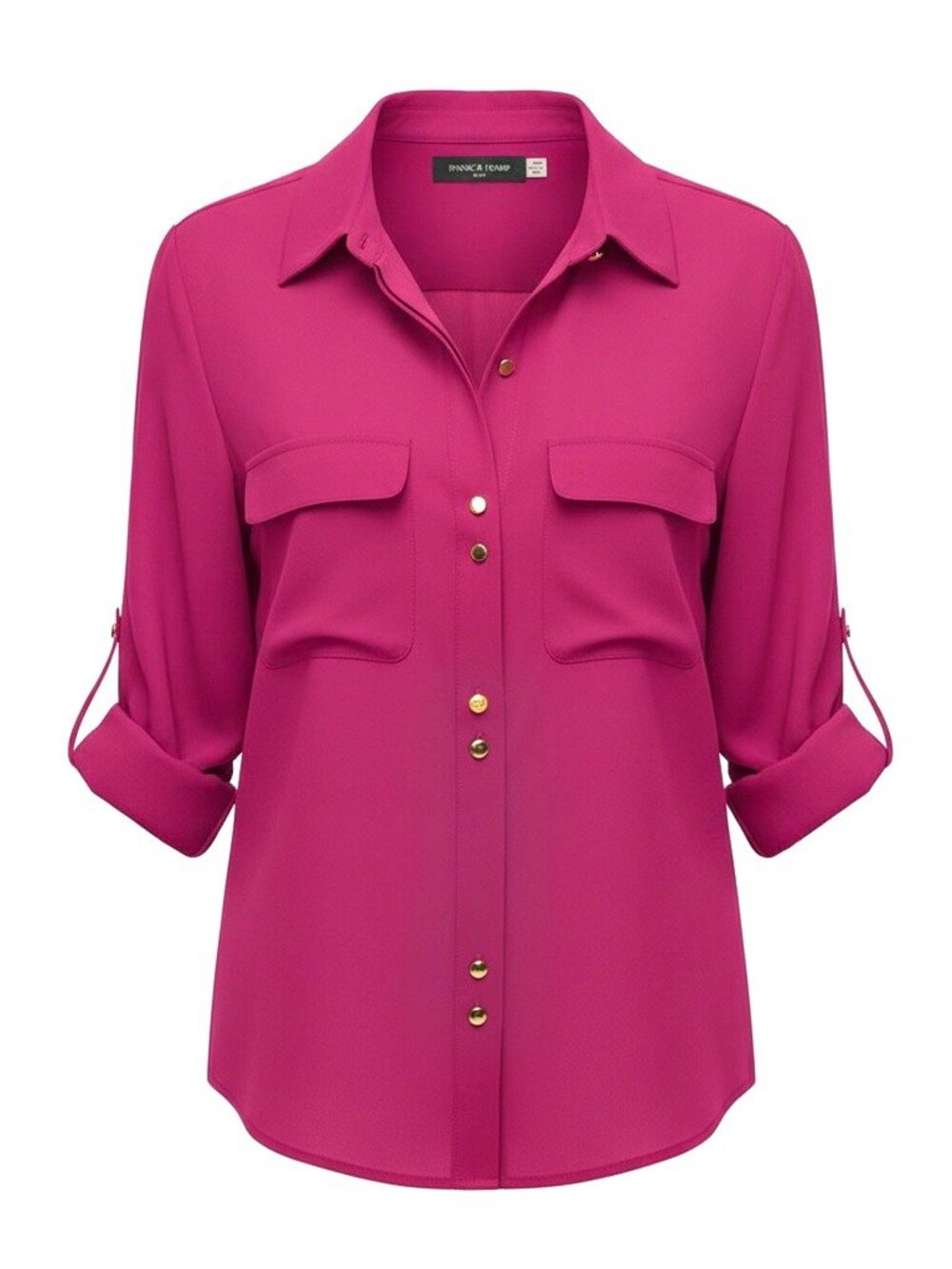 Ivanka Trump Fuchsia Pink V-Neck Gold Button Blouse Size Medium | Roll Tab